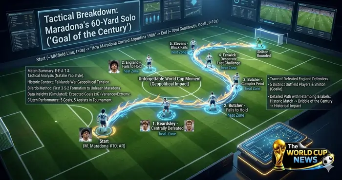 Tactical diagram explaining the Diego Maradona Goal of the Century dribble path during the 1986 World Cup quarter-final.